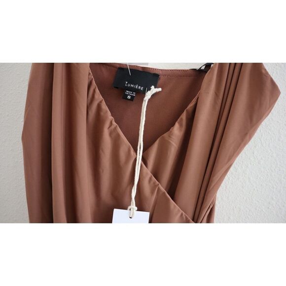 Urban Outfitters Women's Sz S Cocoa Brown Lumiére Knit Faux Wrap Ruched Dress - Picture 5 of 9